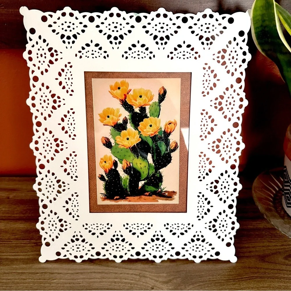 Prickly Pear Cactus Blooming Succulent Plant Delicate Lace Metal Framed Postcard